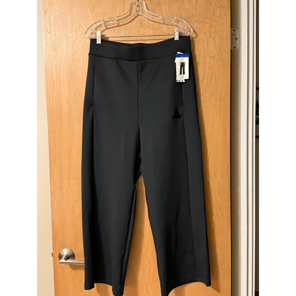 Adidas Wide Leg Pant Womens L Black High Rise Zip Pocket Trousers JY9046 NWT